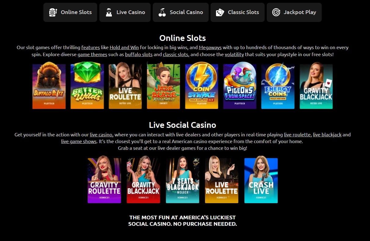 Promotional banner for a US-based online social casino featuring slot games like Buffalo Blitz, Better Wilds, and Coin Strike, plus live dealer games including Gravity Roulette and Blackjack. Includes navigation tabs for Online Slots, Live Casino, Social Casino, Classic Slots, and Jackpot Play.